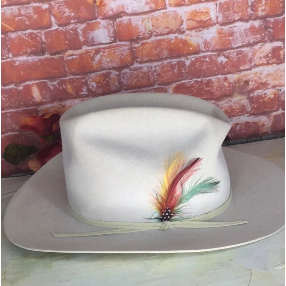 Vintage Off White Feather Accent Wool Felt  Rancher Hat